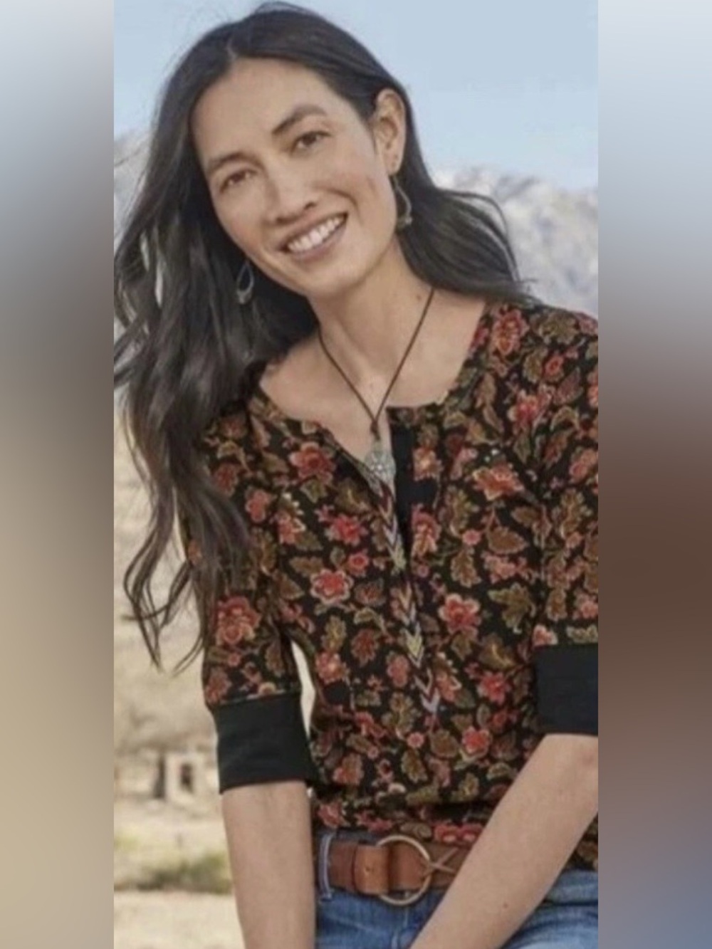 Sundance Black Floral Henley Top with Red & Olive Print